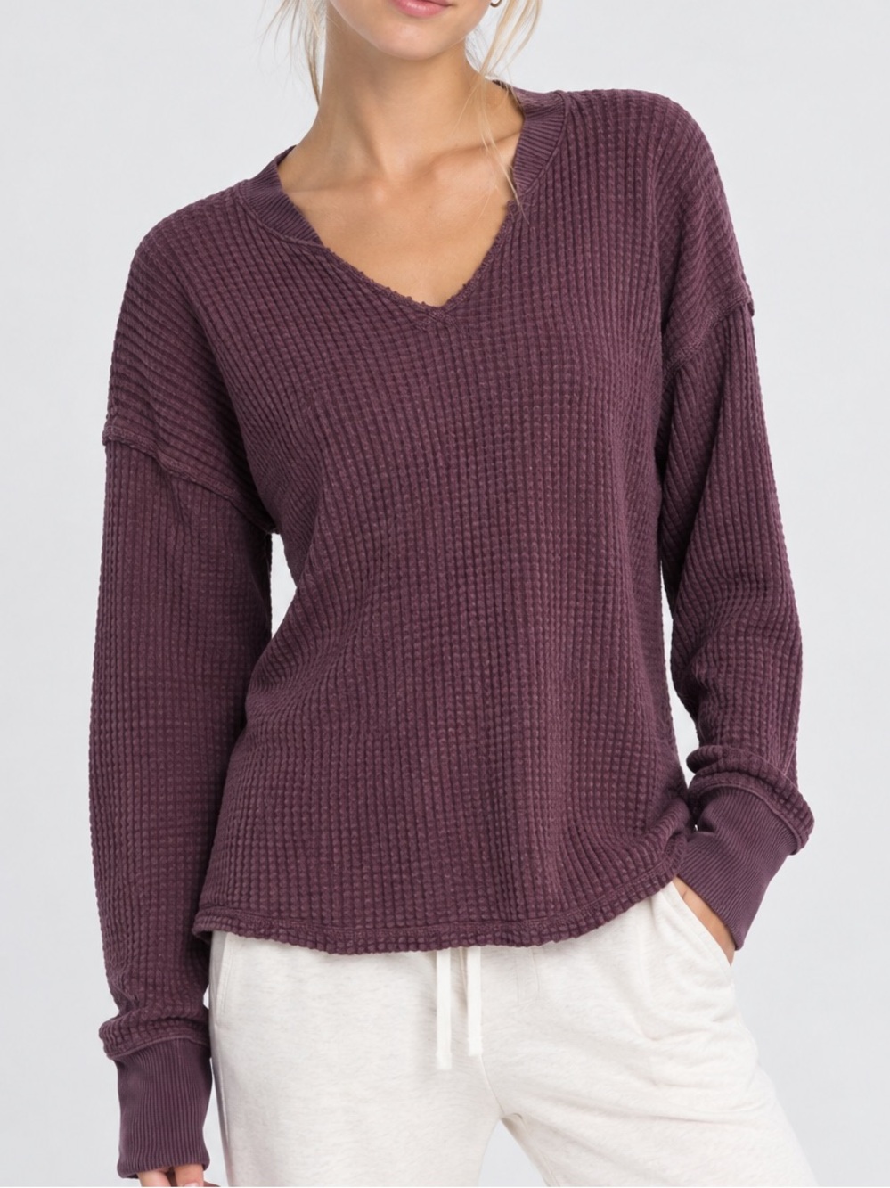 OFFLINE By Aerie Wow! Waffle Notch Neck Plum Long Sleeve T-Shirt